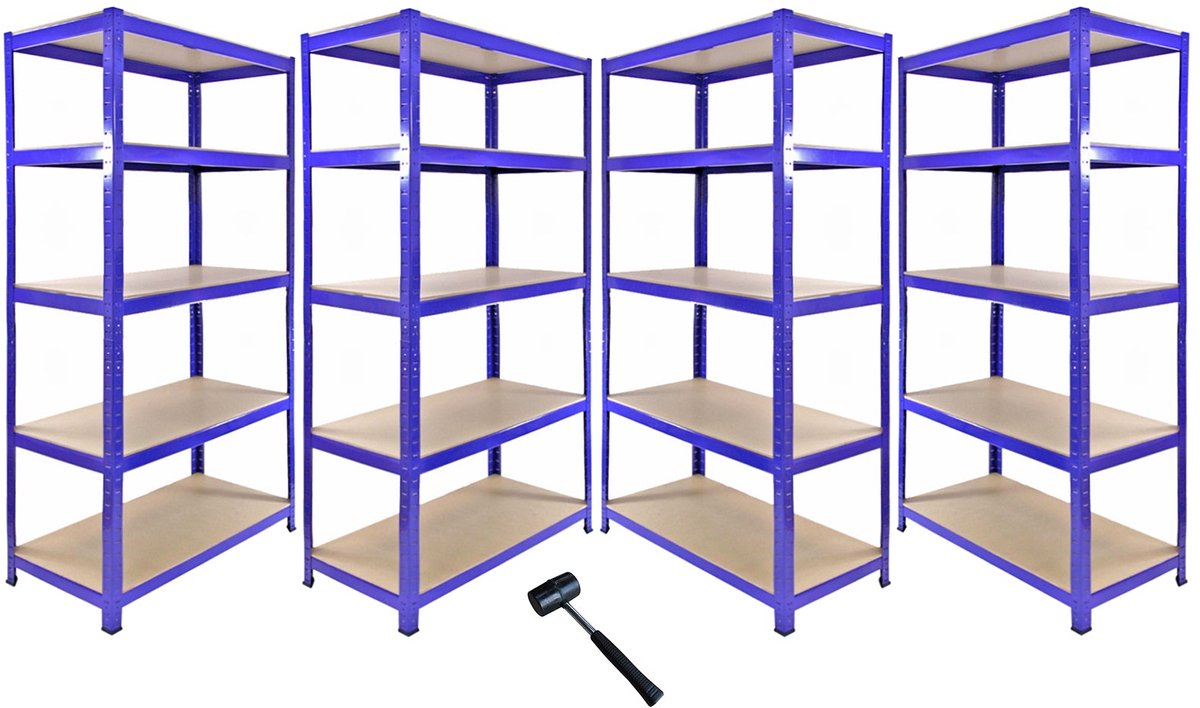 Hoekrek + 4 T-Rax rekken, 6925 kg capaciteit, blauwe stalen stelling met MDF.
