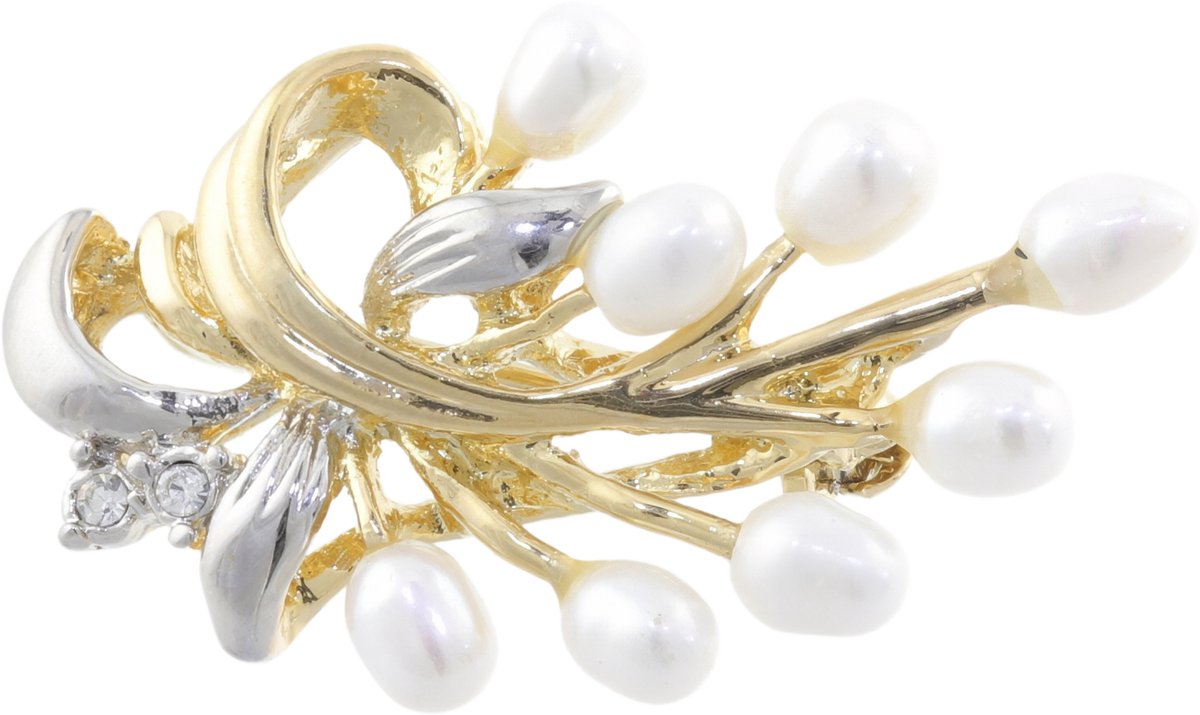 Behave – Broche – Goudkleurig Zilverkleurig – Zoetwaterparels – Elegant – Klassiek