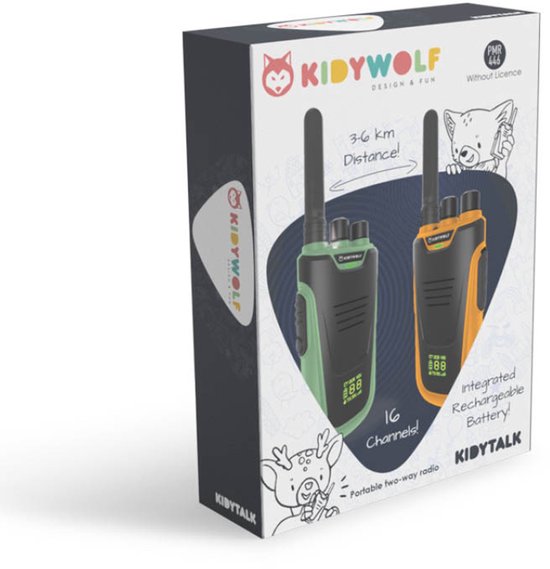 Doos met twee Kidywolf KIDYTALK walkietalkies, één groen en één oranje, met icoontjes en tekst.