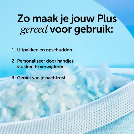 Gedetailleerde close-up van het binnenste van een Cloudpillo hoofdkussen, met memory foam vlokken. Tekst: Zo maak je jouw Plus gereed voor gebruik: 1. Uitpakken en opschudden 2. Personaliseer door handjes vlokken te verwijderen 3. Geniet van je nachtrust.