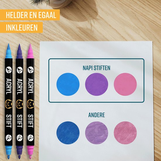 Drie zwarte acryl stiften met gekleurde doppen (blauw, paars, roze) naast een vel papier met blauwe, paarse en roze cirkels.