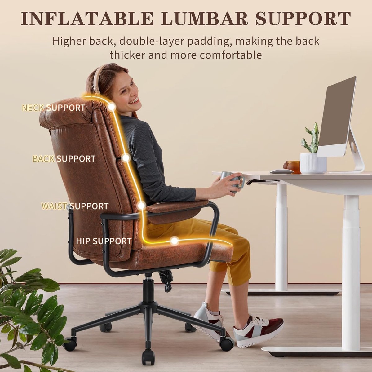 Luxe Mid-Century Ergonomische Bureaustoel – - 54x52x108 cm - Bruin - Bureaustoel – Extra Brede Zitting - Medahomestore