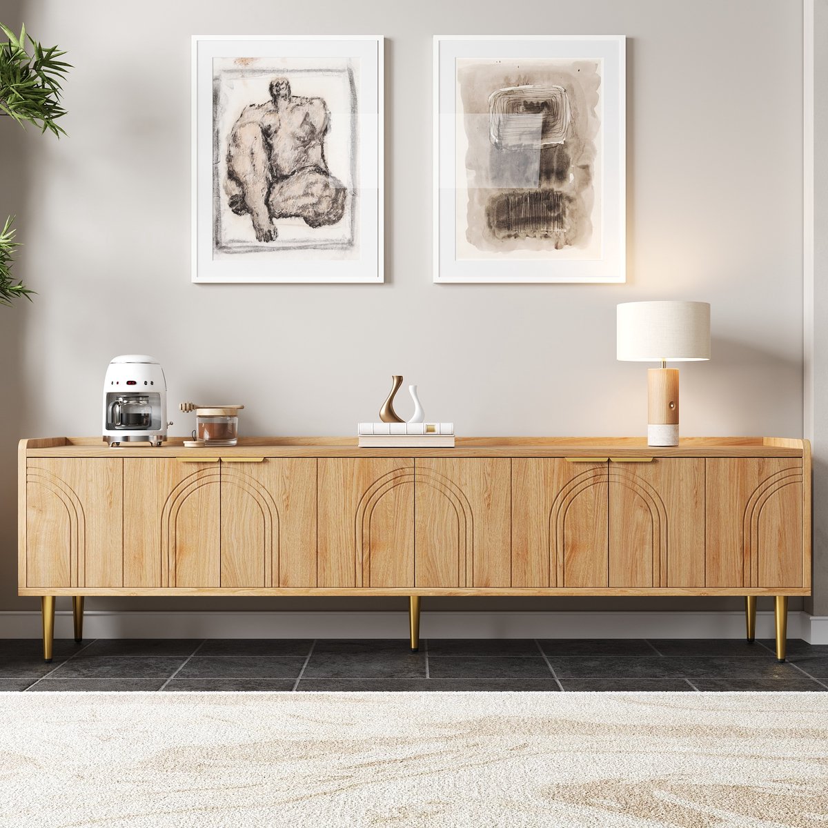 Pugsdrly tv-kast, lowboard met gestructureerde deur, tv-meubel, gouden handgrepen en gouden poten, 170 L x 35 B x 47,5 H (cm) Natuurlijk