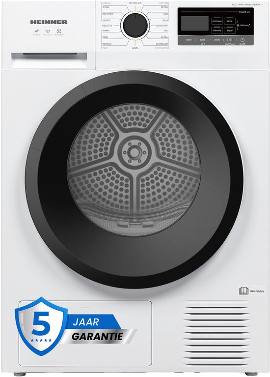 Sèche-linge pompe à chaleur Heinner HHPD-M7N13PBKE++ - 7 kg - Classe énergétique E - Séchage doux et efficace - Éclairage du tambour - Garantie 5 ans