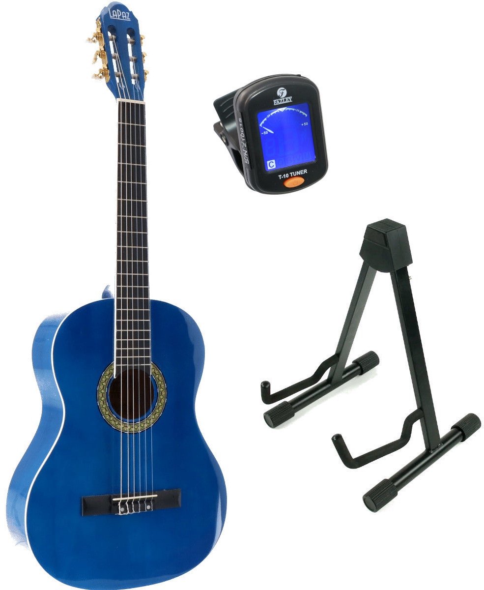 LaPaz 002 BL klassieke gitaar 4/4-formaat blauw + statief + stemapparaat