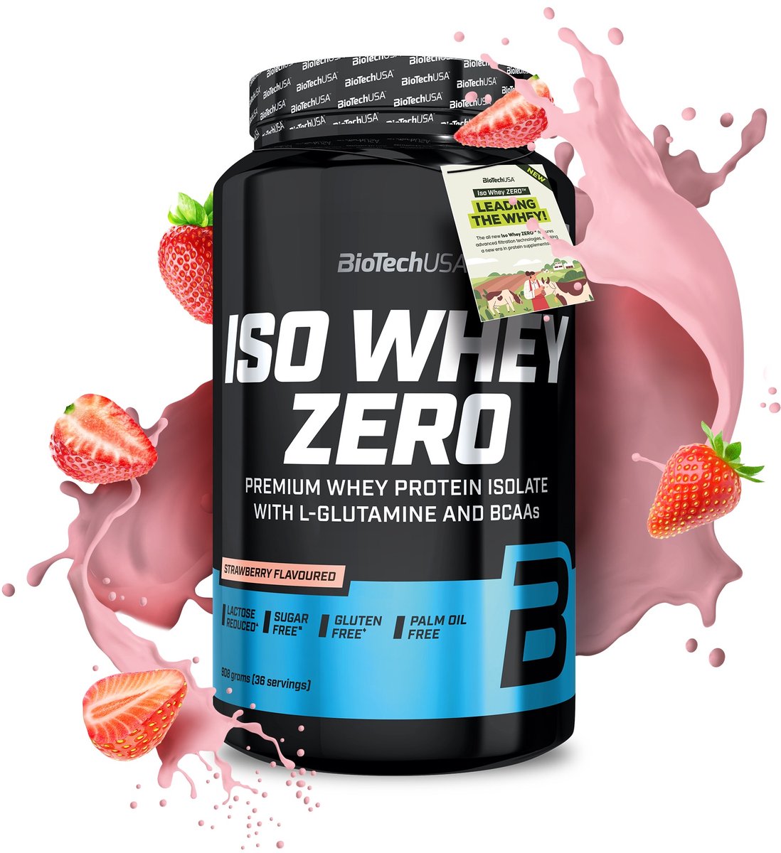 BioTechUSA Iso Whey Zero | Premium wei-eiwitisolaat | Grasgevoerd | Enzymvrij | Suiker- en glutenvrij, 908 g, Aardbei