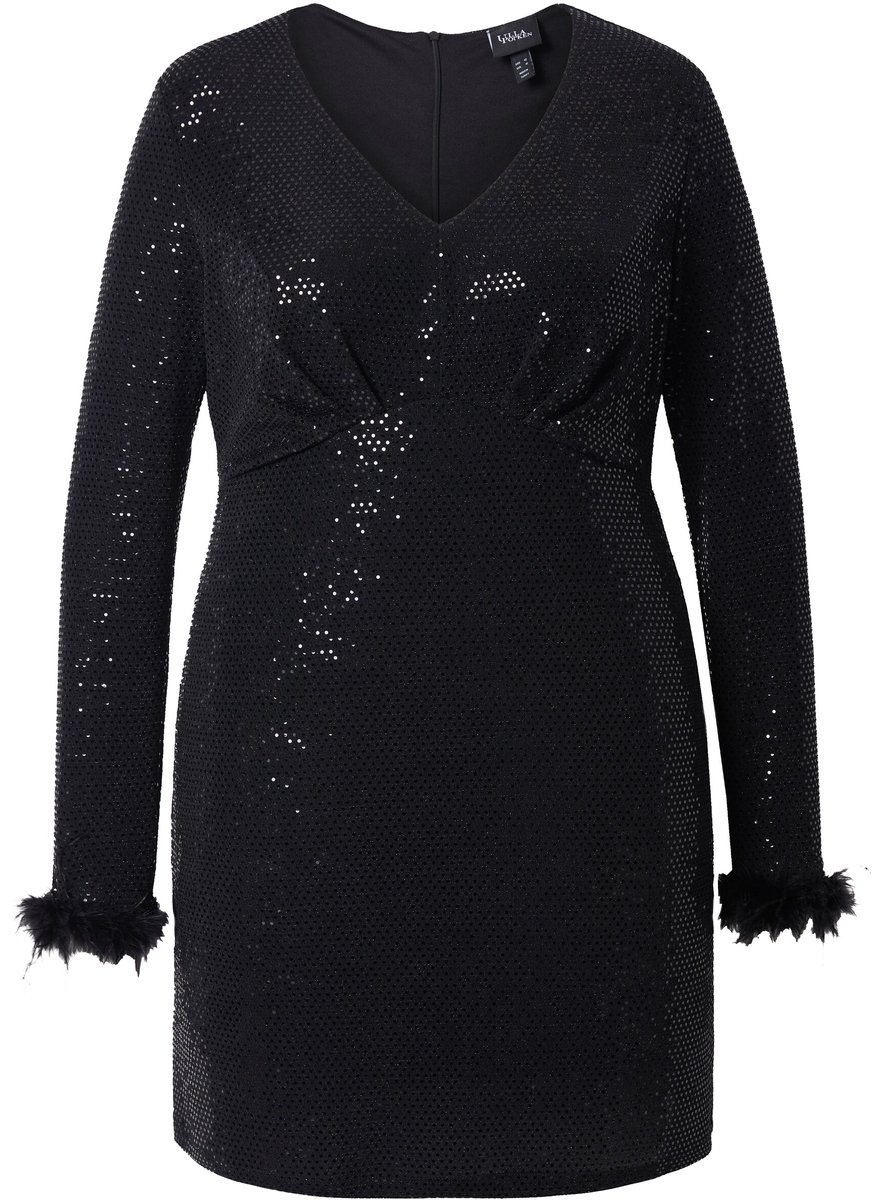Ulla Popken - Dames - Bodyconjurk pailletten lange mouwen met fraaie veren - Zwart - Maat 60
