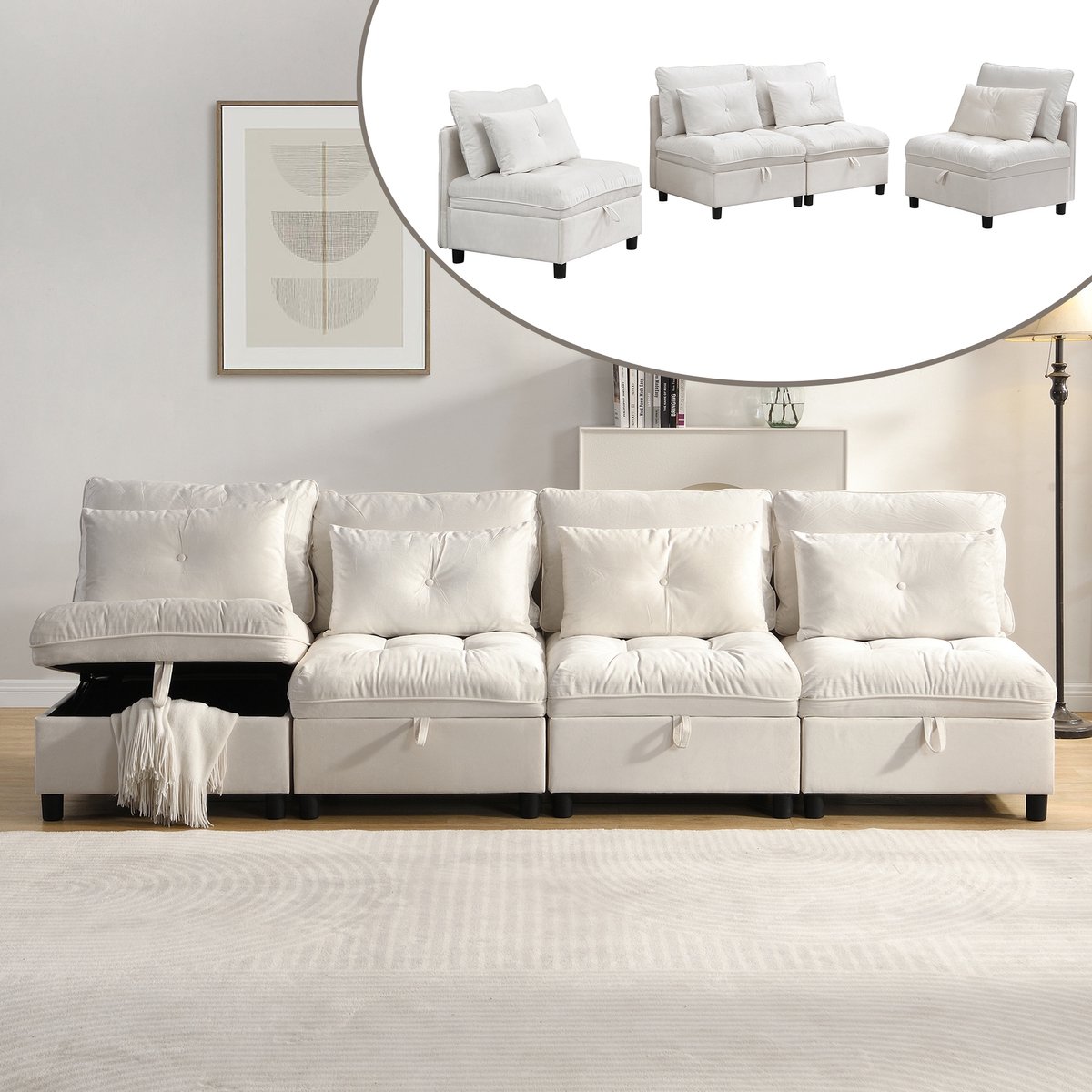 Sweiko Modulaire bank - 4-zits - Vrije combinatie - 4 kussens - Opbergruimte - Chenille - Beige