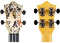 Ukelele kop met postzegel- en kaartpatroon, naast de achterkant van de kop met gele hals en stemknoppen.