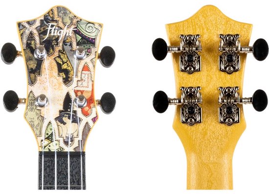 Ukelele kop met postzegel- en kaartpatroon, naast de achterkant van de kop met gele hals en stemknoppen.