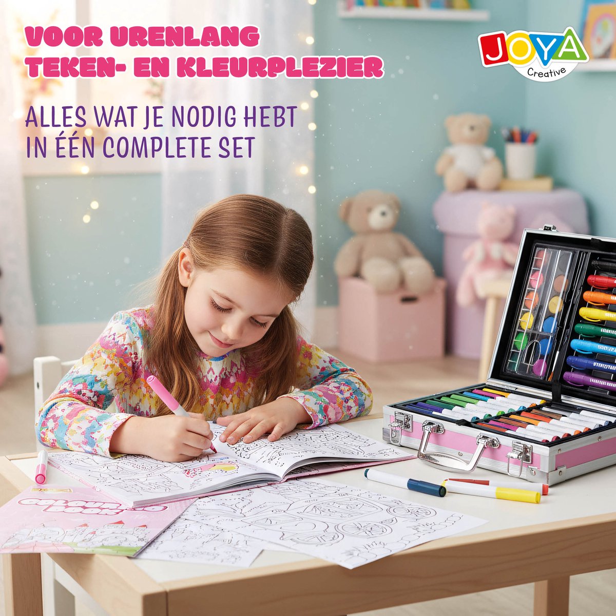 Luxe Kleurkoffer voor Meisjes - Aluminium Schilder- en Teken Koffer - Stiften, Kleurpotloden, Markers, Aquarel Napjes, Krijtjes, Penselen, Canvas & Kleurboek - Creatief Knutselpakket in Koffer - Cadeau voor meisjes vanaf 3 jaar - Joya Creative — afbeelding 8