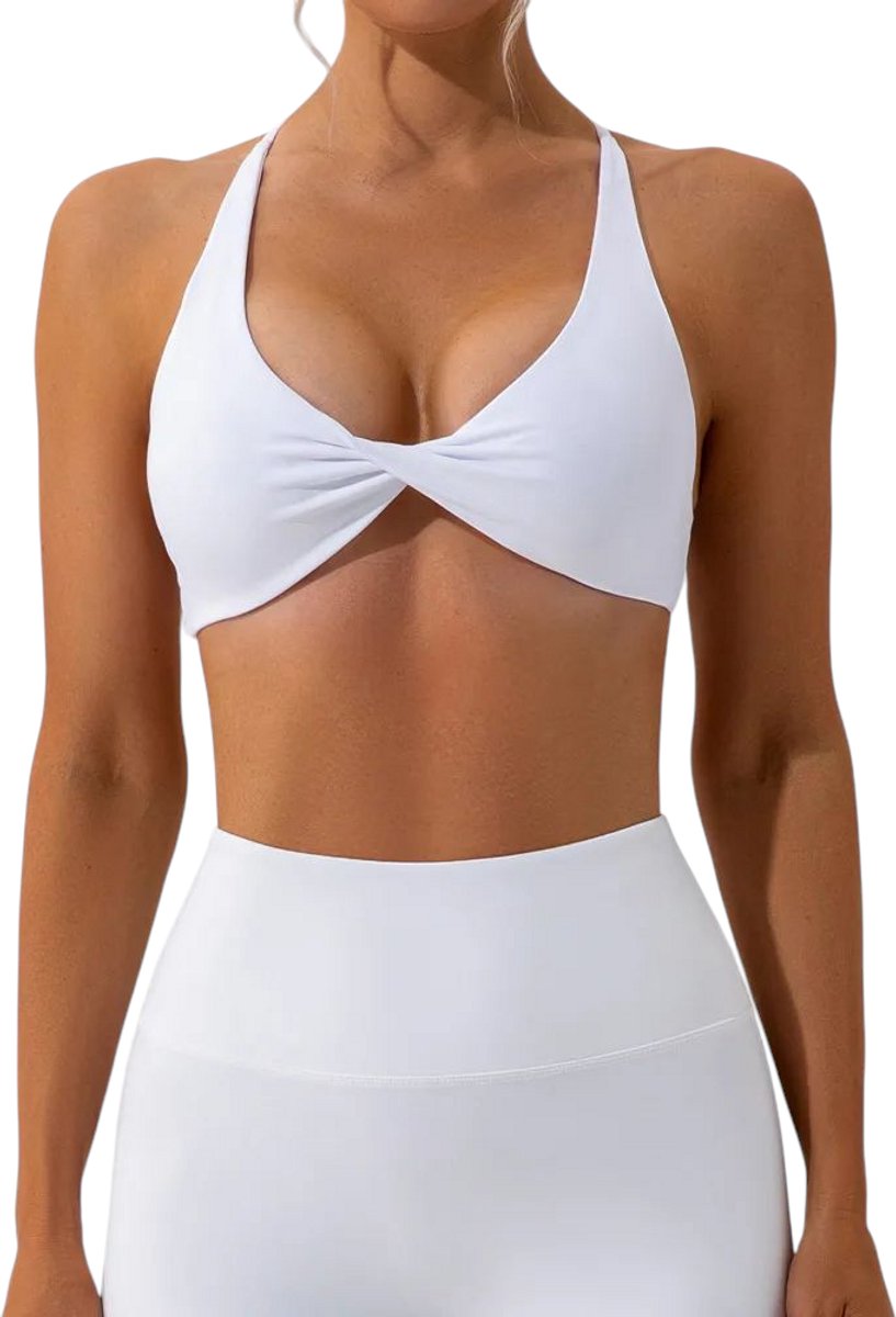 SparkNine Vivavee sport-bh - stijlvolle bra - gedraaide knoop - kruislingsbandjes - XL - wit - V-hals - medium ondersteuning - verwijderbare vulling