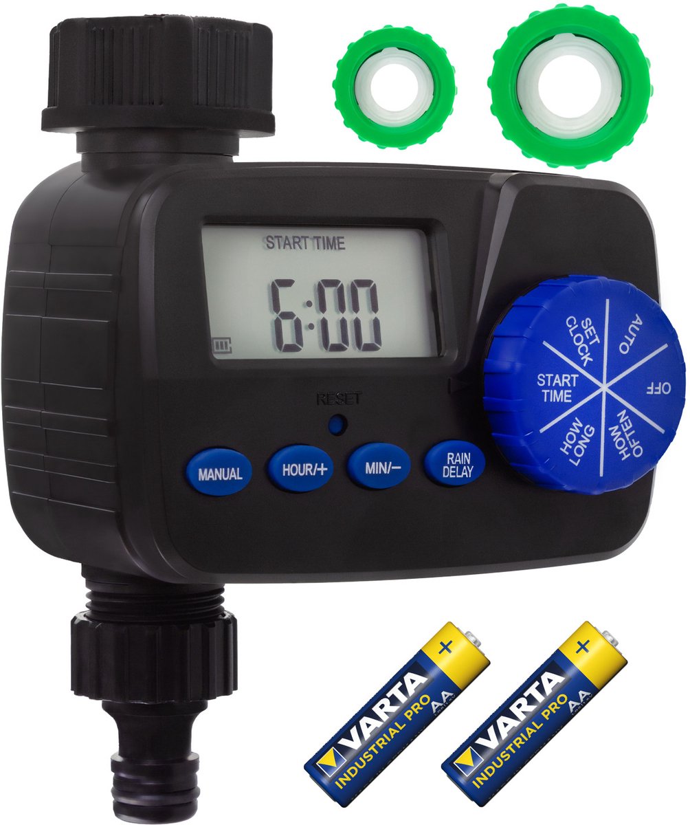 GreenBlue - Elektronische besproeiingscontroller - irrigatiesysteem met AA-batterij - programmeerapparaat, voeding 2x1,5V AA, GB390