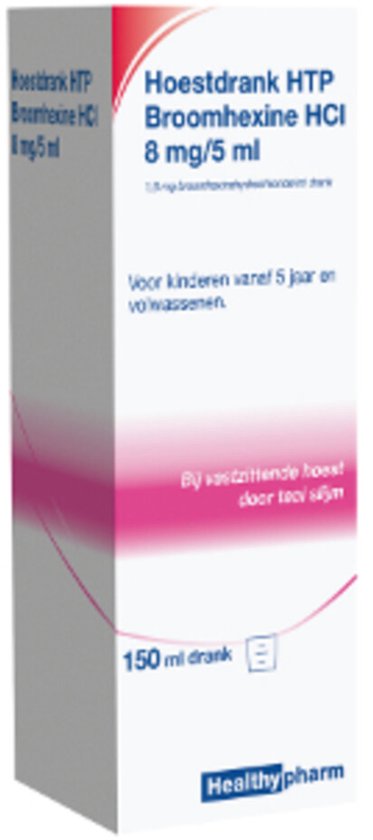 Doos Healthypharm hoestdrank HTP Broomhexine HCl 8 mg/5 ml, 150 ml.