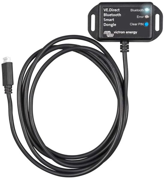 VE.Direct Bluetooth Smart dongle met zwarte behuizing, met kabel en micro-USB connector.