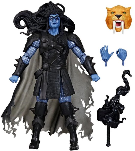 Zwarte Winter (Thor) actiefiguur met blauwe huid, zwart pantser, grijze cape en accessoires, waaronder een sabertand tijgerhoofd.
