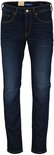 Donkerblauwe jeans met gele stiksels en een slim fit.