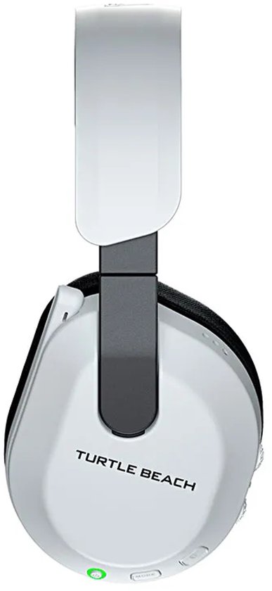 Witte Turtle Beach gaming headset, zij-aanzicht met zwarte oorschelpen en indicatorlampje.