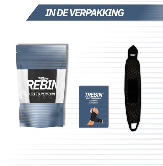 Inhoud van de verpakking: een zwarte polsbrace, een handleiding en een verpakkingstas.