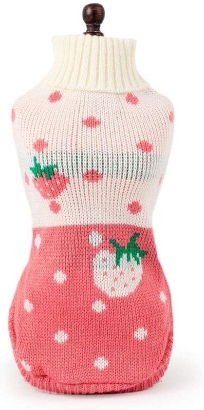 Roze gebreide hondentrui met witte col, afgebeeld op een mannequin.
