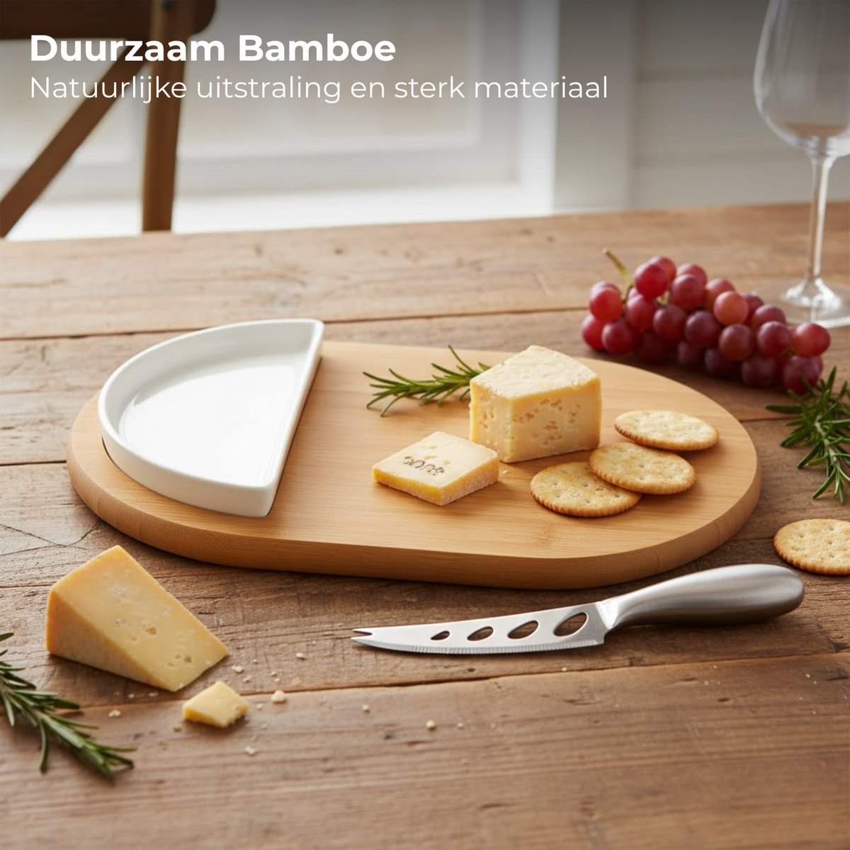 Lomera Kaasplank Set - Kaasplankje - Serveerplank - Ovaal Bamboe - Bakje & Mes - Porselein & Roestvrijstaal - Bamboe Kaasplank - Porseleinen Bakje - Roestvrijstalen Kaasmes - Ovale Plank - Serveerset - Kaas Serveerset — cadeau in Kookcadeaus - foto 4