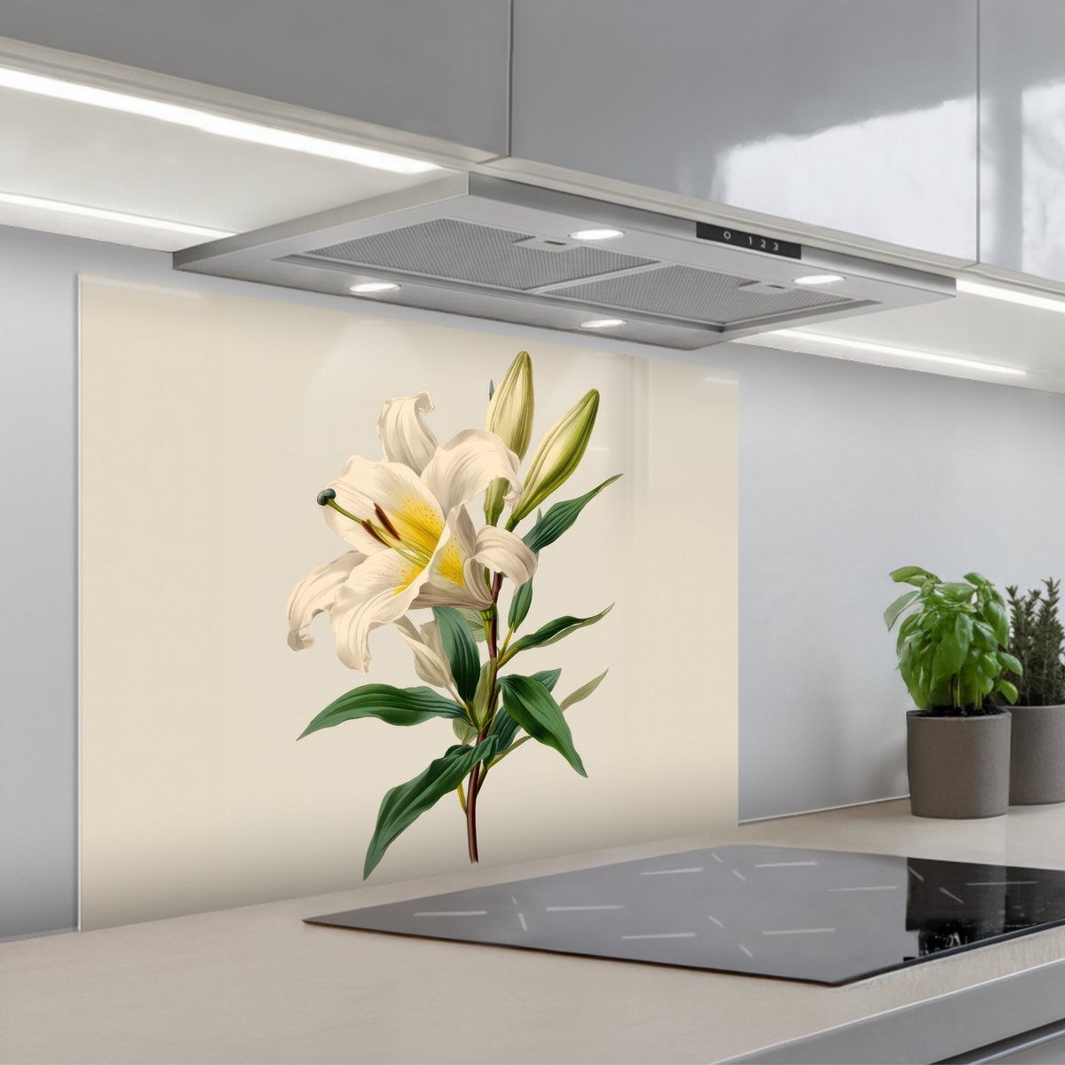 Spatscherm 90x70 cm - Zelfklevende achterwand Lelie - Elegant - Botanisch - Beige - Keuken muurbeschermer - Spatwand fornuis