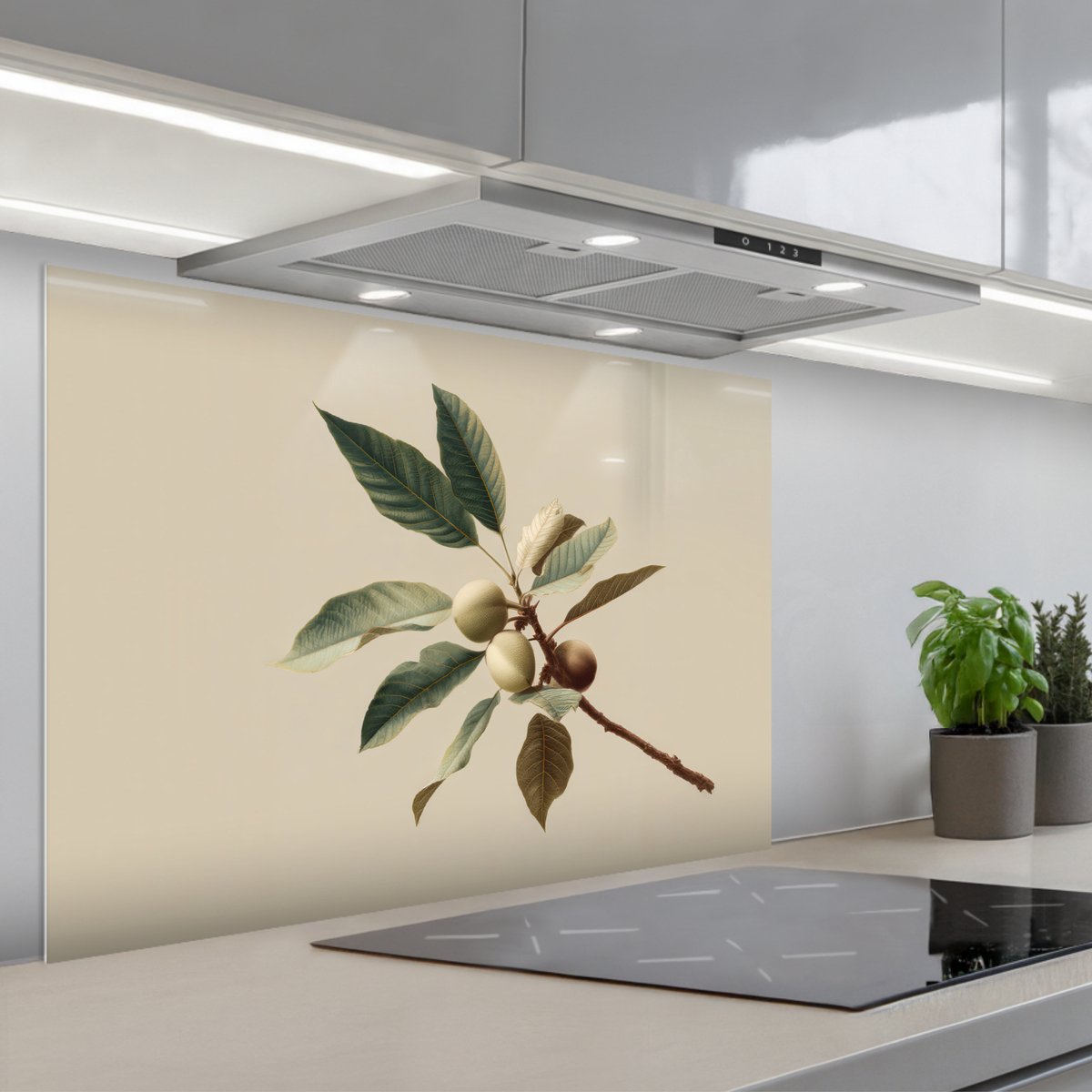 Spatscherm 90x60 cm - Zelfklevende achterwand Tak - Groene Bladeren - Vruchten - Keuken muurbeschermer - Spatwand fornuis