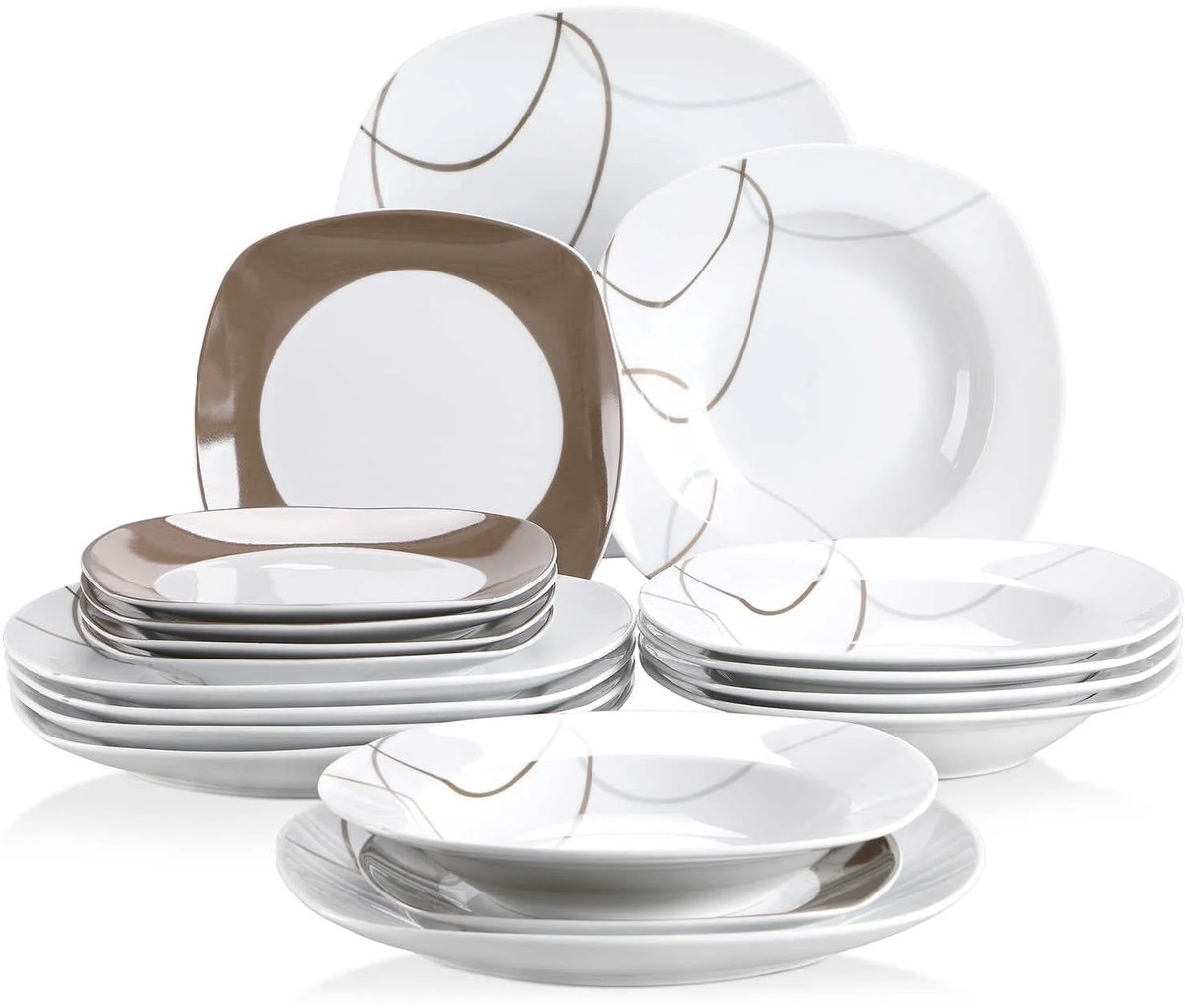 Luxe Serviesset – 18 delig – 6 persoons – Porselein - Bordenset – Dinner platen – Dessertborden - Pastabord - Wit + Bruin