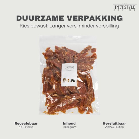 Dichtse, hersluitbare zak met gevulde kipfiletrepen, 1000 gram.