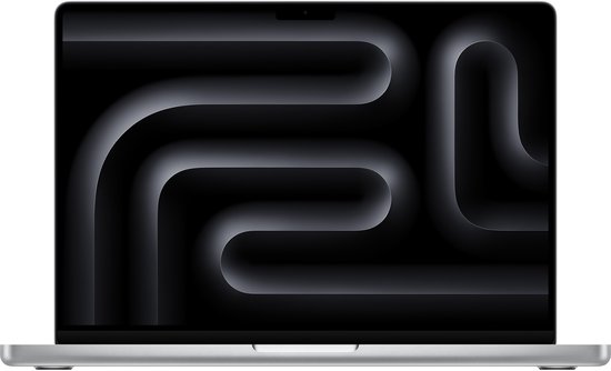 Zilveren MacBook Pro met het scherm ingeschakeld en een geometrische achtergrond.