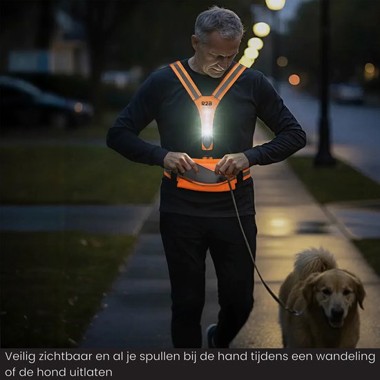 R2B Hardloopvest met Verlichting en Opbergvak - USB-C Oplaadbaar - Wandel & Hardloop Verlichting aan Voor- en Achterkant - Reflecterend Running Vest / Running belt - Loopvest Dames & Heren - Sportkleding / Hardloopkleding - Oranje