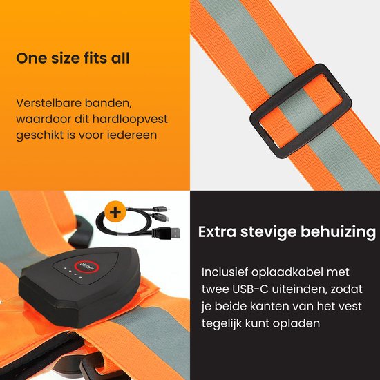 Oranje hardloopvest met verstelbare banden, opbergvak met ritssluiting en USB-C oplaadbare batterij.