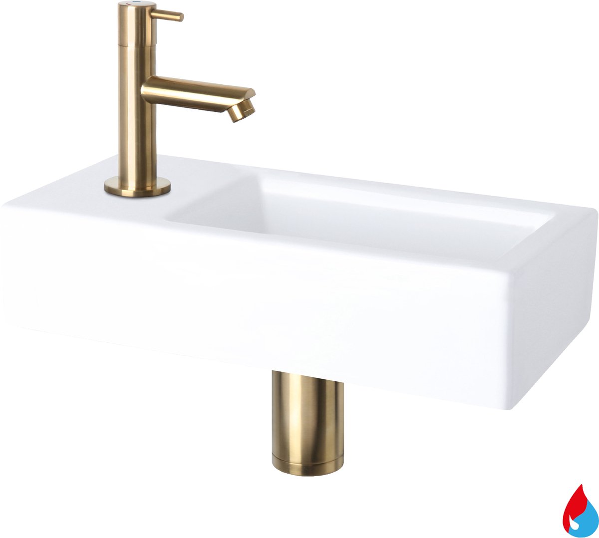 Differnz Helios fonteinset - keramiek wit - warm/koud kraan recht mat goud - kraan links - always open afvoerplug - 37.5 x 18.5 x 9 cm