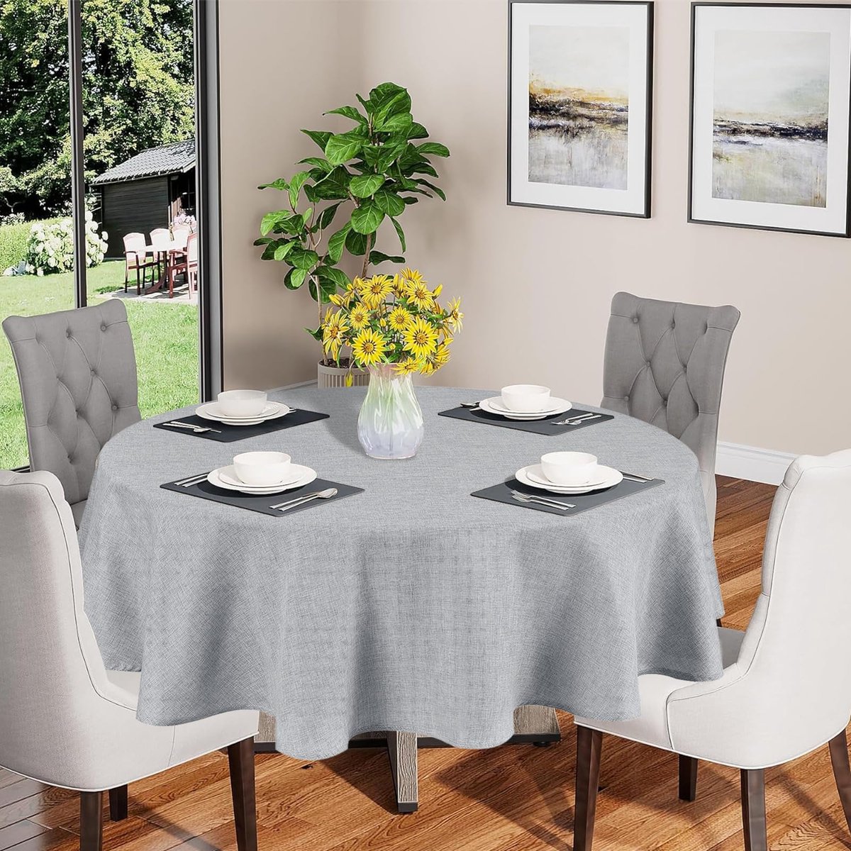 Unyqoos® Rond lichtgrijs tafelkleed met waterafstotende en afwasbare eigenschappen