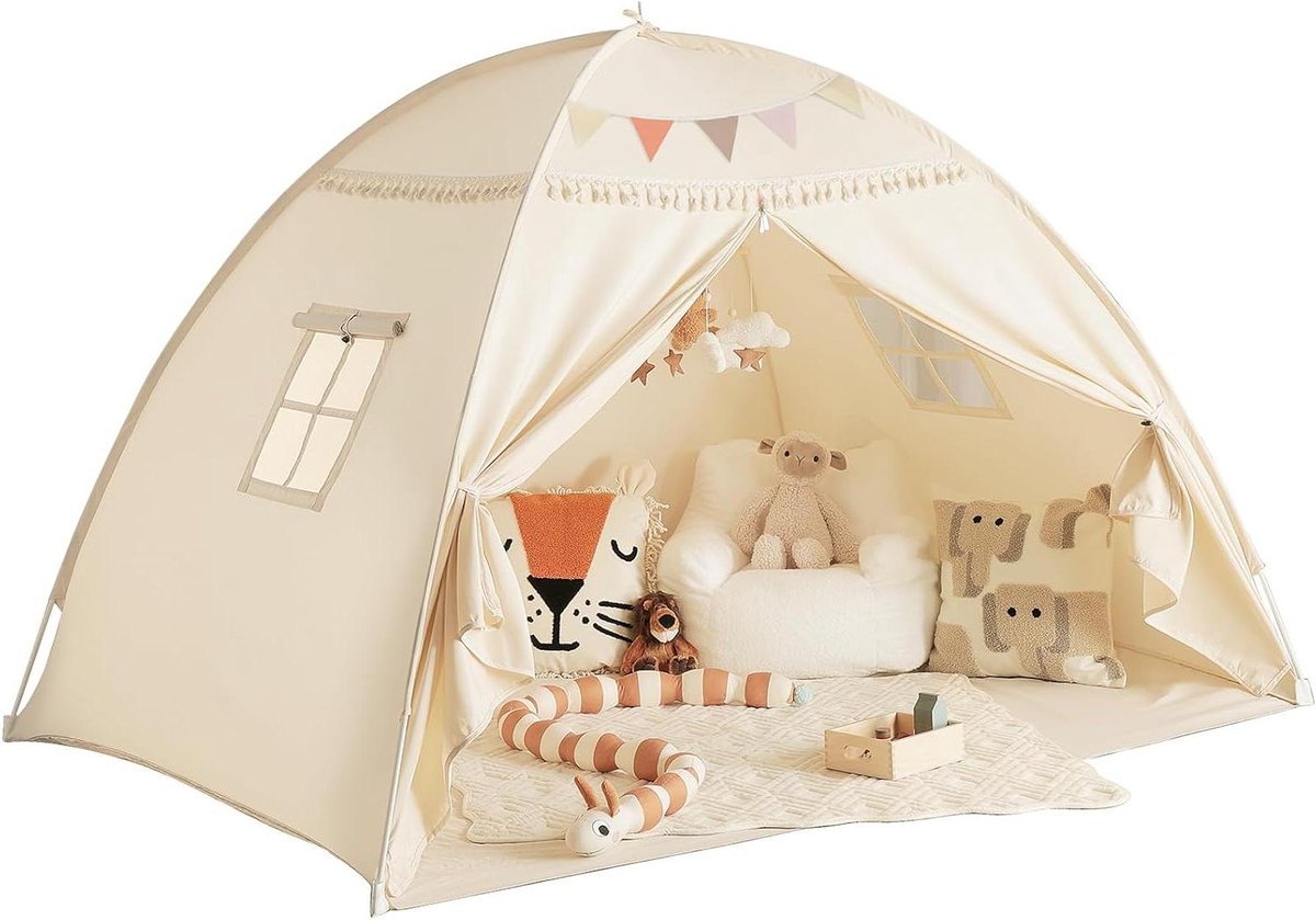 Provento - Tipi tent voor kinderen met Twin-Canopy Bed - Speelhuis voor binnen - Jongens en meisjes - Baby vloer speelhuis - Speelkamer cadeau - Crème - Speeltent met vlaggen.