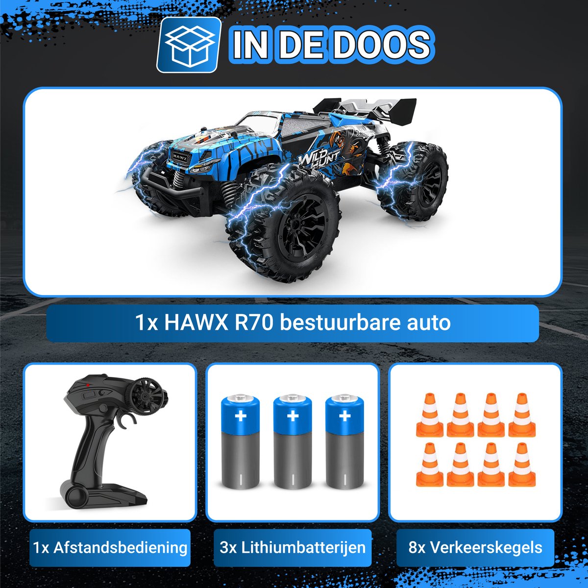 HAWX R70 Bestuurbare Auto - RC Auto - Race Auto - Monstertruck - Afstandsbestuurbare Auto - Volwassenen en Jongens - Voor Buiten - Incl. 3 Batterijen, 8 Verkeerskegels — afbeelding 5