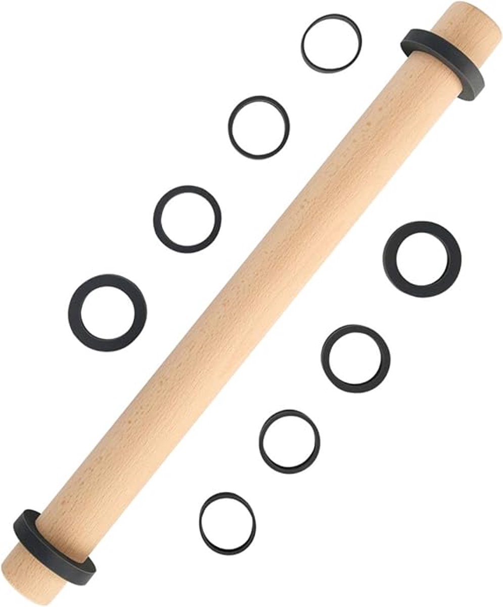 Famanu – Houten verstelbare deegroller met 5 siliconen afstandsringen – bakaccessoire voor fondant, koekjes en deeg – 45 cm