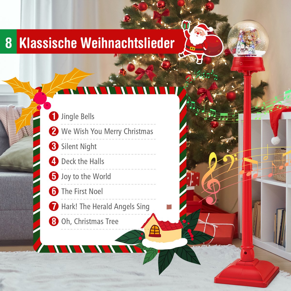 COSTWAY Kerstlantaarn van 153 cm, kerstdecoratie met muziek en 15 gekleurde ledlampen, sneeuwlantaarn met afneembare sneeuwbol, kerstverlichting voor thuis, entree – foto 3