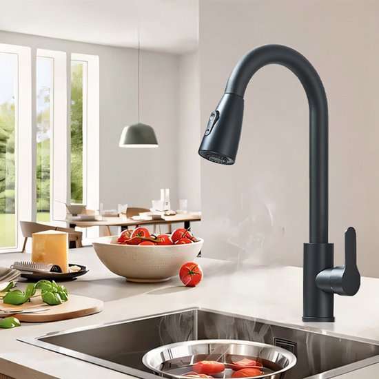 Hbronzeshower Keukenkraan met Uittrekbare Uitloop - Handdouche - Uittrekbaar - Mengkraan -Flexibele Slang - Zwart