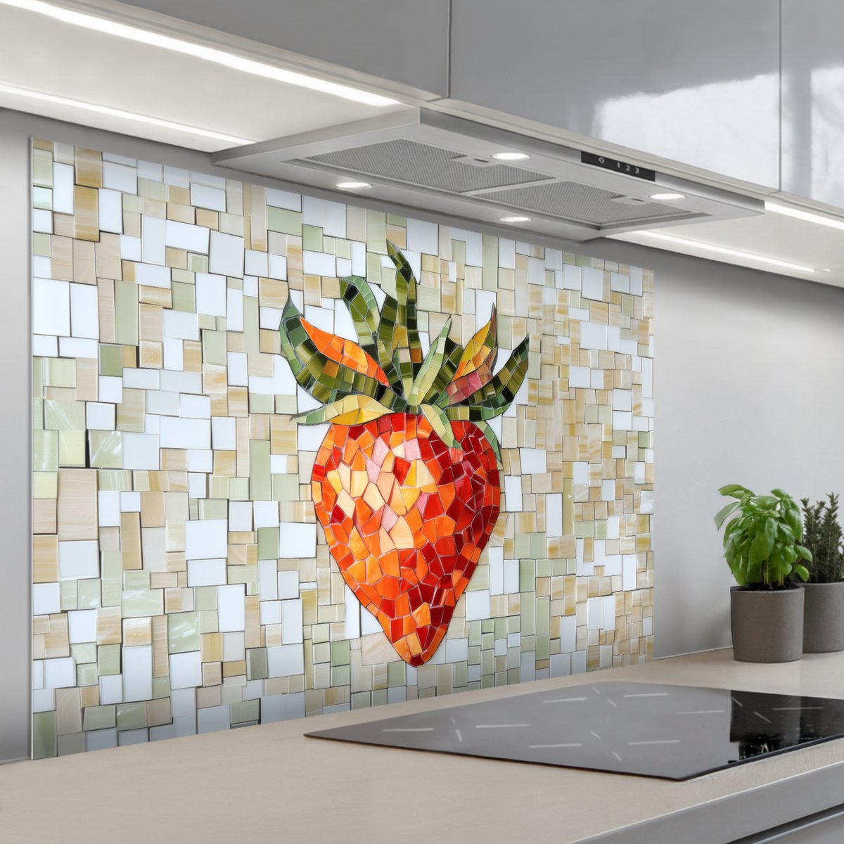 Spatscherm 120x80 cm - Zelfklevende achterwand Aardbei - Rood - Mozaïek - Fruit - Keuken muurbeschermer - Spatwand fornuis