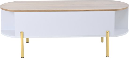 Witte salontafel met houten blad en gouden poten.