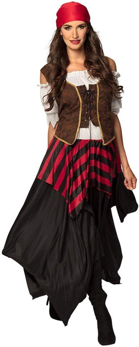 Provento - Volwassen piraat kostuum inclusief jurk, korset en hoofddoek voor dames - Boekanier themafeest outfit voor carnaval - Tornado stijl