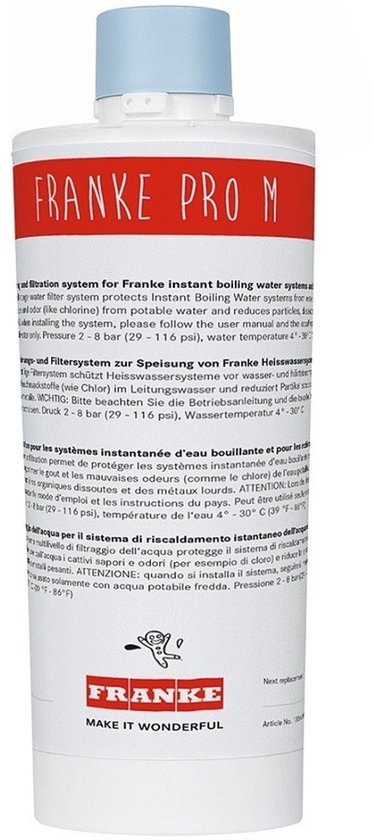Witte fles met rode en grijze accenten, "FRANKE PRO M" en productinformatie.