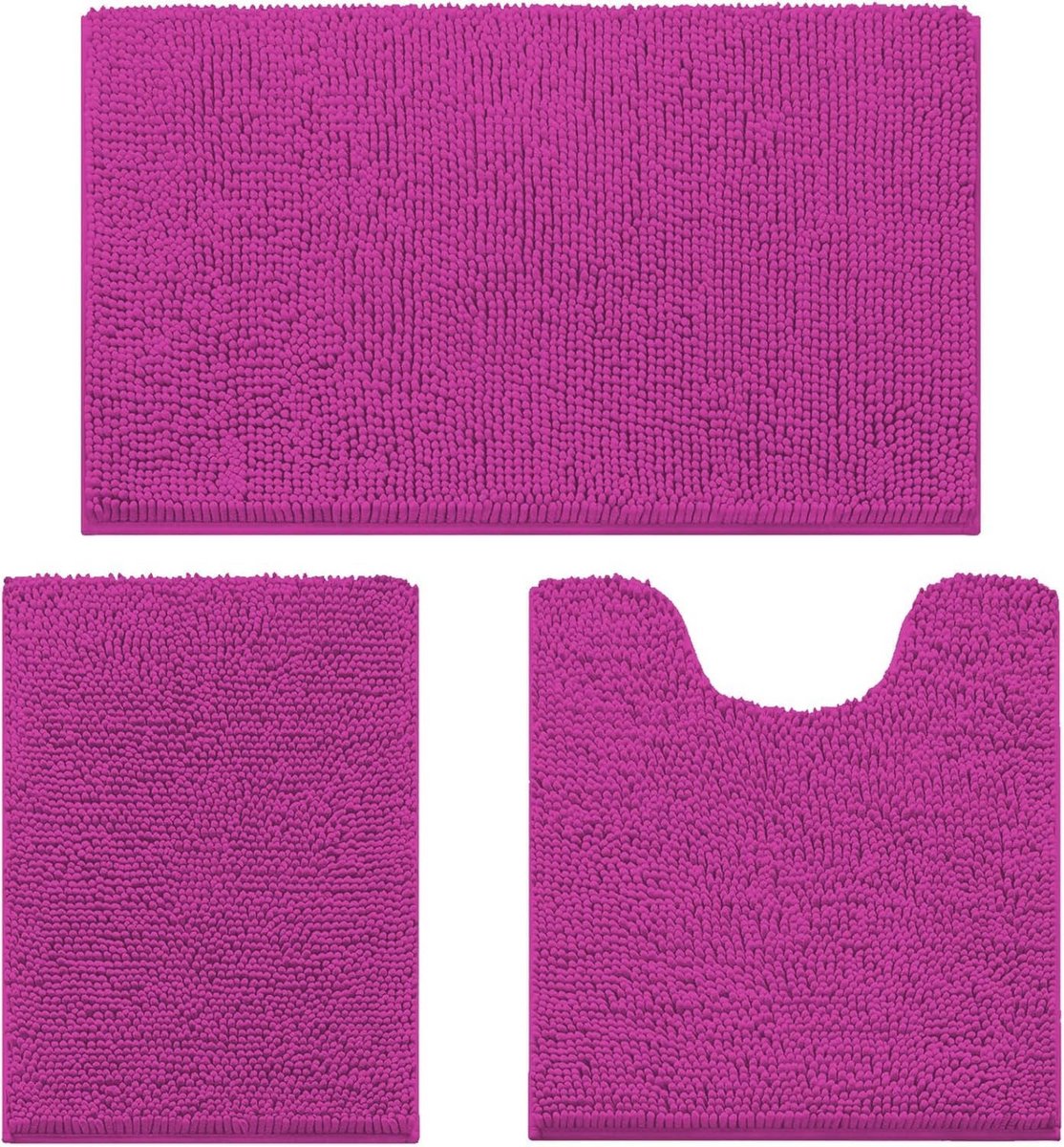 Zachte 3-delige Badmatset met Antislip - Chenille, Absorberend, Machinewasbaar voor Badkamer en Douche - Rozenrood