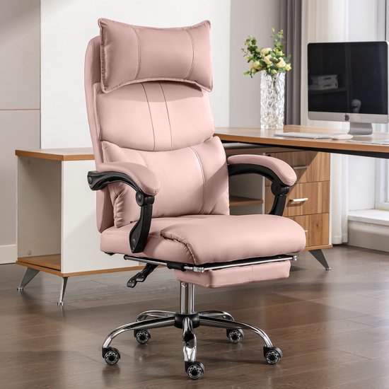 BLACKCOLORS - Chaise de bureau ergonomique - Chaises de bureau pour Adultes - Chaise de bureau Gaming - Chaise de direction en cuir PU - Chaise pivotante réglable en hauteur - Avec double soutien lombaire réglable - Rose