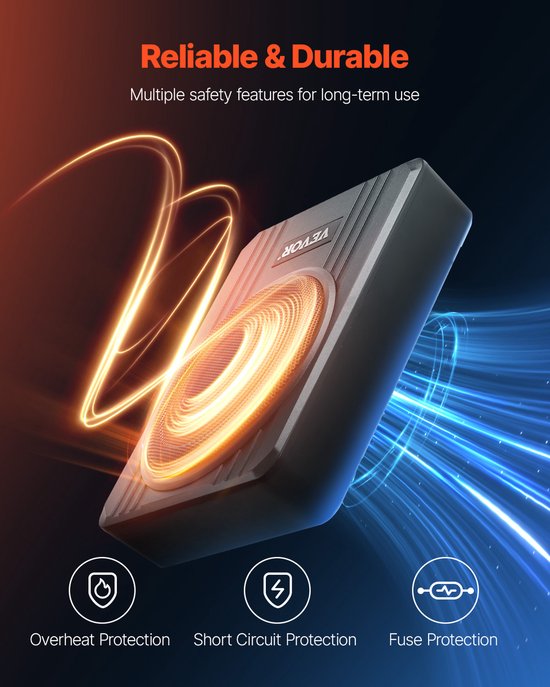 Zwarte VEVOR subwoofer omgeven door gloeiende oranje en blauwe lichtstralen. Iconen: Oververhittingsbeveiliging, Kortsluitingsbeveiliging, Zekeringbeveiliging.