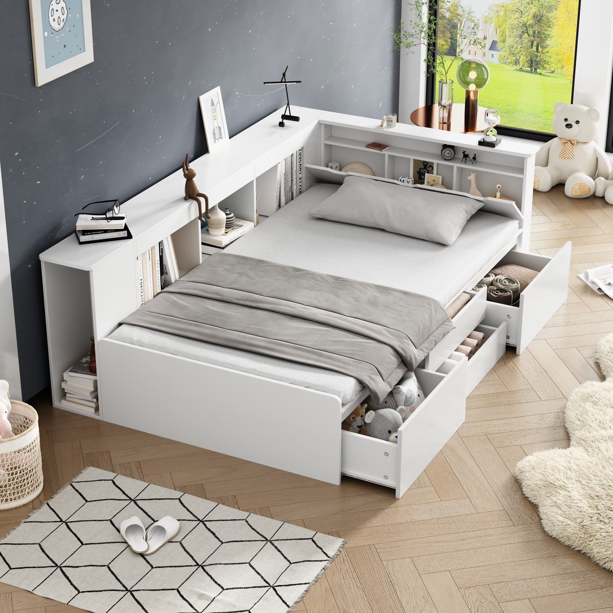 MODFU Multifunctioneel Kinderbed 90x200 cm – Met 4 lades, boekenplank en bergkast – Veel opbergruimte – MDF – Wit