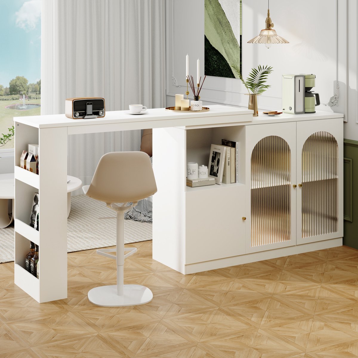 MODFU 360° Draaibare Eettafel- en Barkast 120x40x97 cm | Wit MDF | Glasdeuren, 60 kg draagvermogen