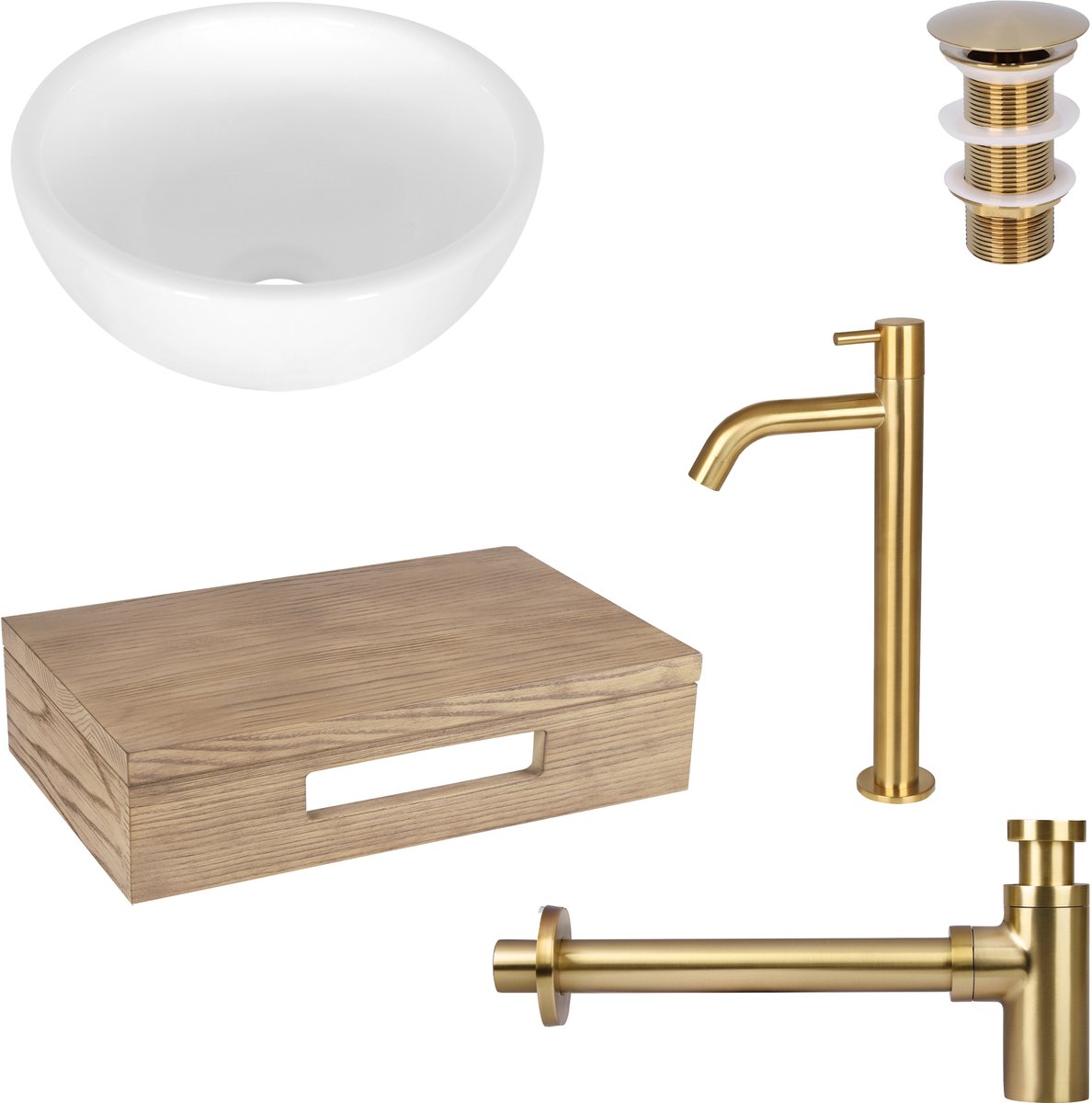 Differnz Ruz fonteinset - waskom keramiek wit - koudwaterkraan hoog mat goud - inclusief wastafelplank licht eiken