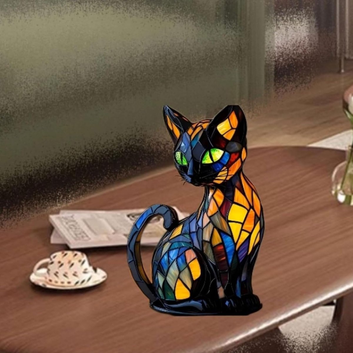 Gyagalre Tiffany Kattenlamp Met Mozaïek - Handgemaakte Decoratieve